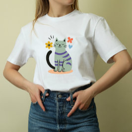 セージグリーンの猫 ボーホー フラワー ミッドセンチュリー アート Tシャツ