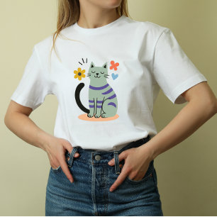 セージグリーンの猫 ボーホー フラワー ミッドセンチュリー アート Tシャツ