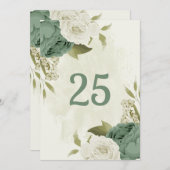 セージグリーンの白い花のテーブルナンバーカード 招待状 (正面/裏面)