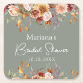 セージグリーンの秋の花のブライダルシャワー スクエアペーパーコースター (正面)
