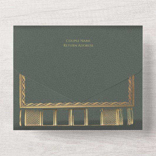 セージグリーンの箔押しブックスタイル結婚式招待状 オールインワン招待状 (裏面)