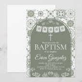セージグリーンの紙のピカドを使った洗礼招待状 招待状 (正面/裏面)
