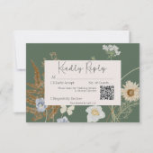 セージグリーンの結婚式QRコードの野の花 出欠カード (正面)