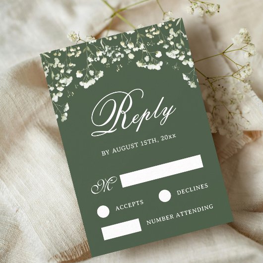 セージグリーンの結婚式RSVPカードに描かれたカスミソウ カード