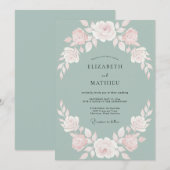 セージグリーンの繊細な水彩バラの結婚式 招待状 (正面/裏面)