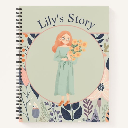 セージグリーンの美しい花のイラストジャーナル ノートブック (正面)