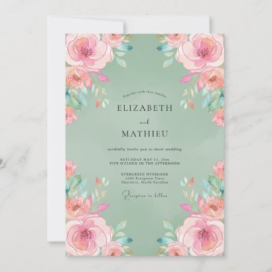 セージグリーンの至福のローズウェディング 招待状 (正面)