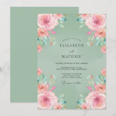 セージグリーンの至福のローズウェディング 招待状 (正面/裏面)