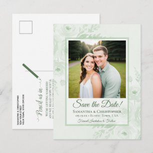 セージグリーンの芍薬と写真の結婚式Save the Date 案内ポストカード