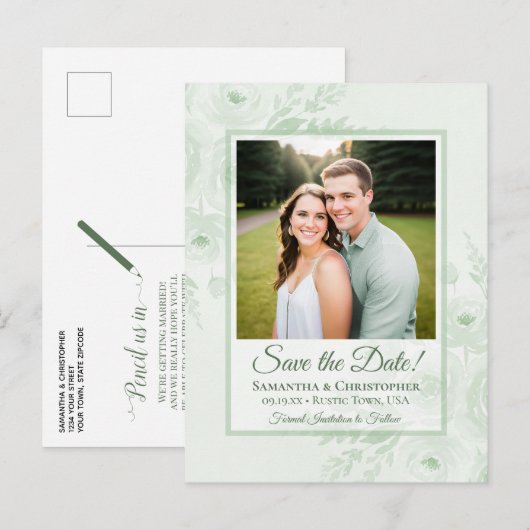 セージグリーンの芍薬と写真の結婚式Save the Date 案内ポストカード (正面/裏面)