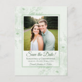 セージグリーンの芍薬と写真の結婚式Save the Date 案内ポストカード (正面)