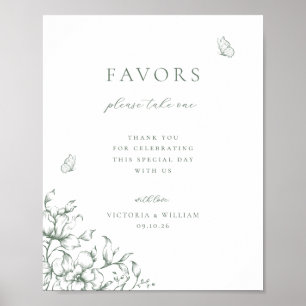 セージグリーンの花のウェディング フェイバー サイン