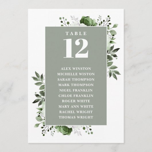セージグリーンの花のテーブルナンバー席次表 招待状 (正面)