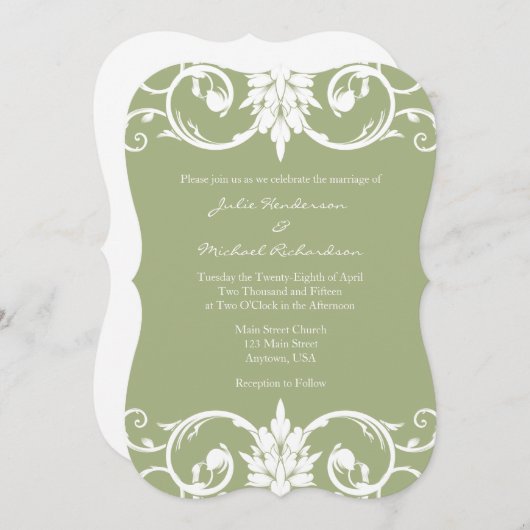 セージグリーンの花の渦巻ブラケットの結婚式招待状 招待状 (正面/裏面)