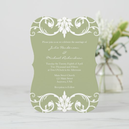 セージグリーンの花の渦巻ブラケットの結婚式招待状 招待状 (スタンド正面)