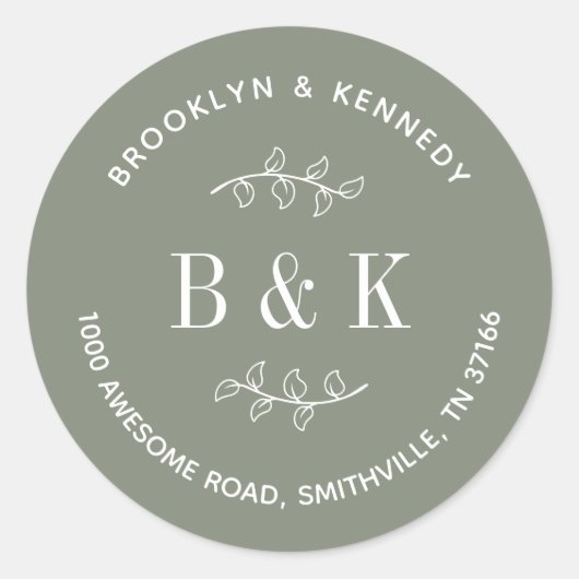 セージグリーンの花柄ウェディングカップル返送先住所 ラウンドシール (正面)