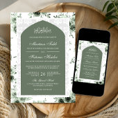 セージグリーンの花柄ホワイトレースアーチムスリムウェディング 招待状