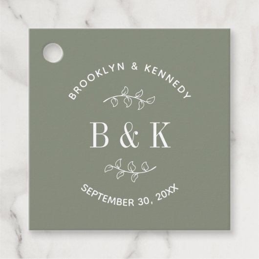 セージグリーンの花柄ボタニカルモノグラム カップル名 フェイバータグ (正面)