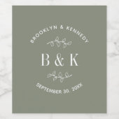 セージグリーンの花柄ボタニカルモノグラム カップル名 ワインラベル (シングルラベル)