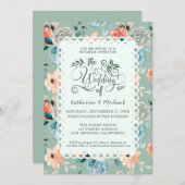 セージグリーンの花柄レース エレガントな結婚式のカリグラフィー 招待状 (正面/裏面)