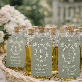 セージグリーンの花柄 オールドマネーのモノグラムクレスト ウェディング ギフトタグ