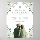 セージグリーンの花模様のAnand Karaj ウェルカムボード ポスター (正面)