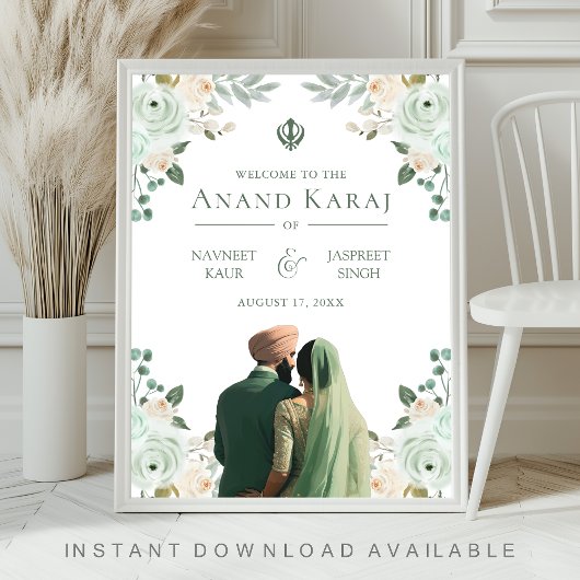 セージグリーンの花模様のAnand Karaj ウェルカムボード ポスター