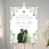 セージグリーンの花模様のAnand Karaj ウェルカムボード ポスター
