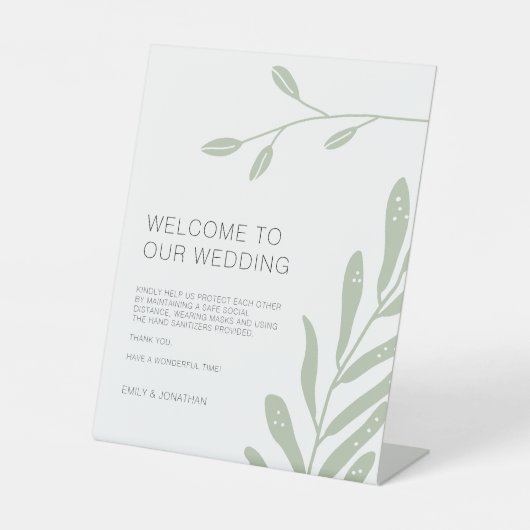 セージグリーンの葉がコビデの安全結婚を歓迎 台座サイン (正面)