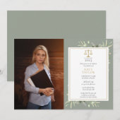セージグリーンの葉のゴールドロースクール卒業写真 招待状 (正面/裏面)