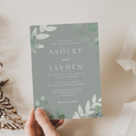 セージグリーンの葉のモダンな結婚式 招待状
