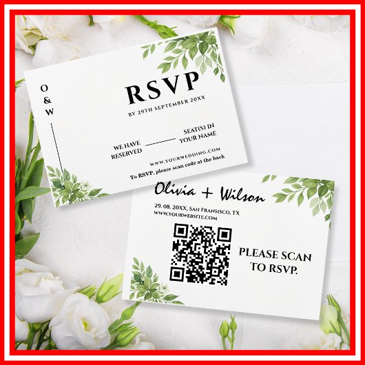 セージグリーンの葉のQRコード ウェディングRSVP 出欠カード
