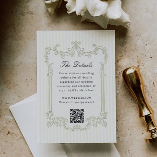 セージグリーンの装飾フレーム 結婚式詳細 QRコード エンクロージャーカード