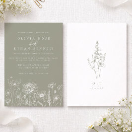 セージグリーンの野の花のラインアートの結婚式 招待状