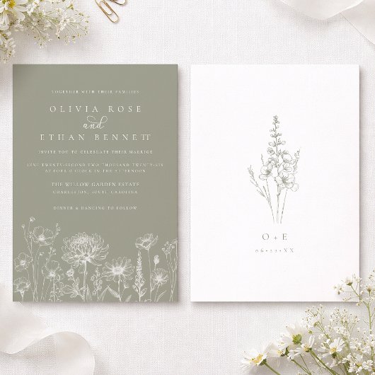 セージグリーンの野の花のラインアートの結婚式 招待状