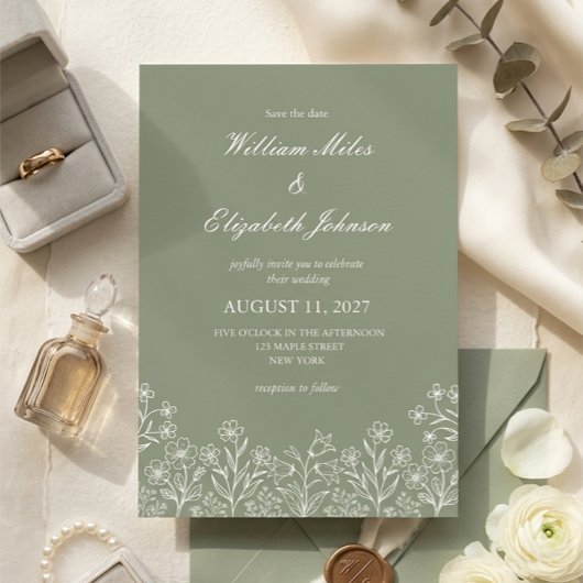 セージグリーンの野の花の結婚式招待状 招待状