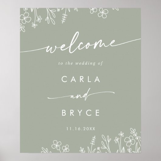 セージグリーンの野の花のDIY結婚式ウェルカムサイン ポスター (正面)