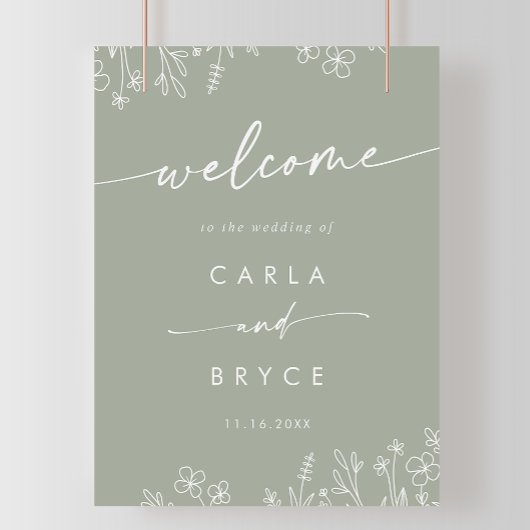 セージグリーンの野の花のDIY結婚式ウェルカムサイン ポスター