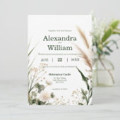 セージグリーンの野生の花とパンパスのボーホー写真 招待状 (スタンド正面)