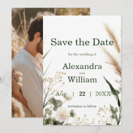 セージグリーンの野生の花とパンパス草のSave The Date セーブザデート