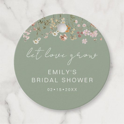 セージグリーンの野生の花のブライズシャワー 愛を育てて フェイバータグ (正面)