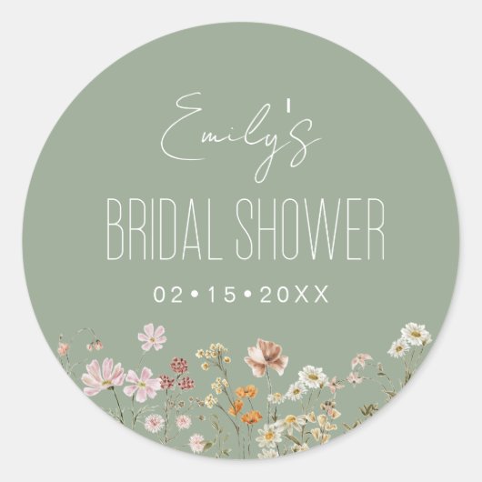 セージグリーンの野生の花のボホー ブライズ シャワー ガーデン ラウンドシール (正面)
