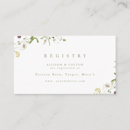 セージグリーンの野生の花のルースチックボヘミアンブライダルレジストリー エンクロージャーカード (正面)