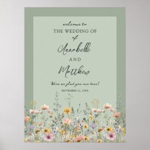 セージグリーンの野生の花の花の結婚式ウェルカムサイン ポスター