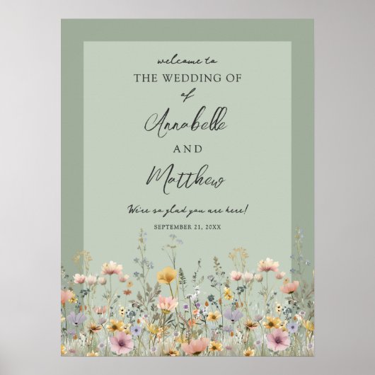 セージグリーンの野生の花の花の結婚式ウェルカムサイン ポスター (正面)