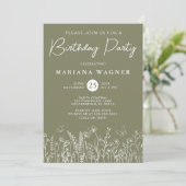 セージグリーンの野生の花の誕生日パーティーの招待状 招待状 (スタンド正面)