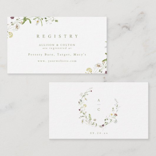 セージグリーンの野生の花をあしらった、素朴でボヘミアンスタイルのウェディングレジストリー エンクロージャーカード (正面/裏面)