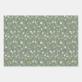 セージグリーンの黄色と白のワイルドフラワーの花束 ブライダルシャワー ラッピングペーパーシート