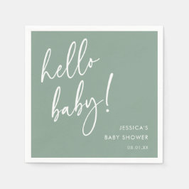 セージグリーンの「Hello Baby Shower」ナプキン スタンダードカクテルナプキン