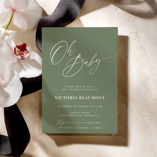 セージグリーンの「Oh Baby」ベビーシャワー招待状 招待状